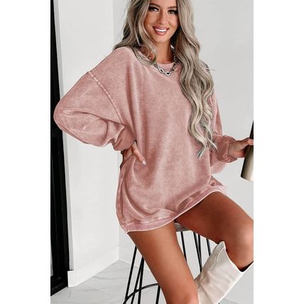 Pink Solid Ribbed Knit Round Neck Pullover Sweatshirt