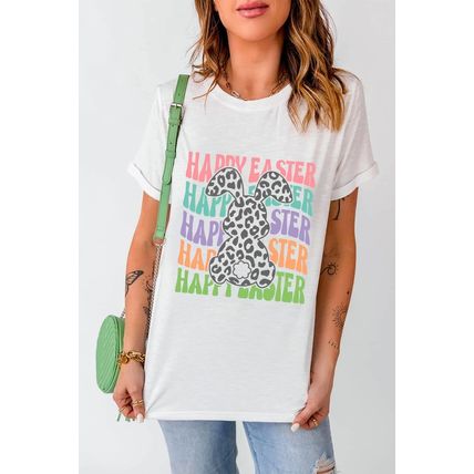 White Happy Easter Rabbit Print Crew Neck T Shirt