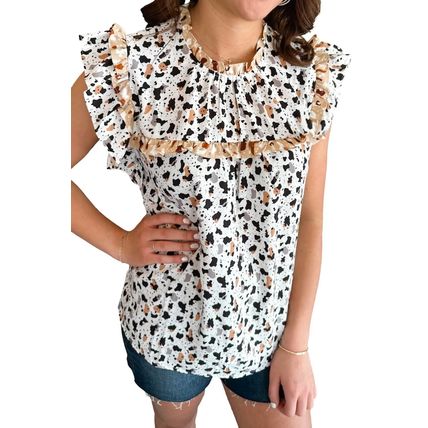 White Frilly Trim Leopard Animal Spots Blouse