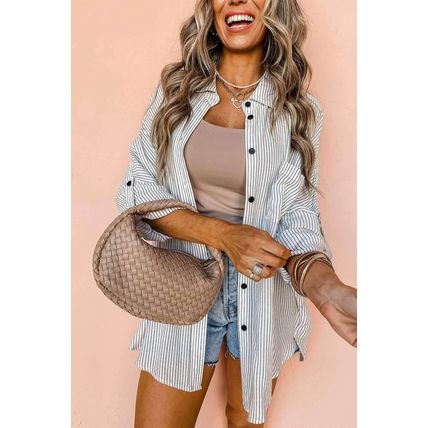 Black Stripe Roll-tab Sleeve Pocketed Long Shirt