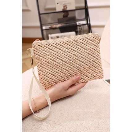 Beige Woven Zipper Wrist Strap Square Handbag