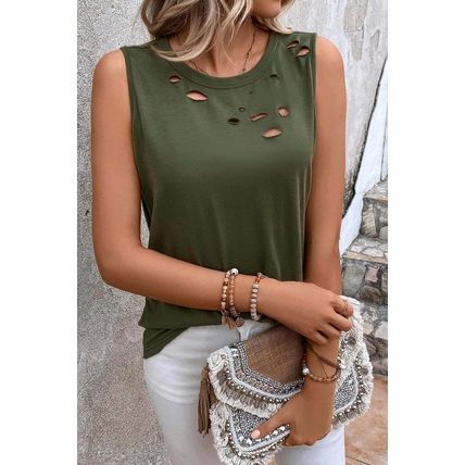 Jungle Green Solid Color Distressed Holes Crew Neck Tank Top