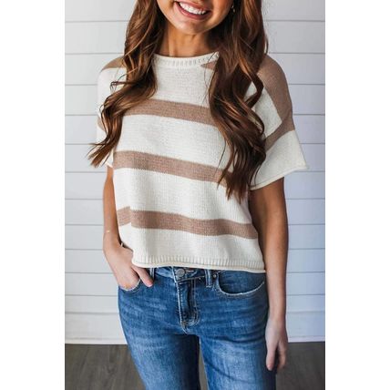 Khaki Stripe Dropped Short Sleeve Lightweight Knitted Top