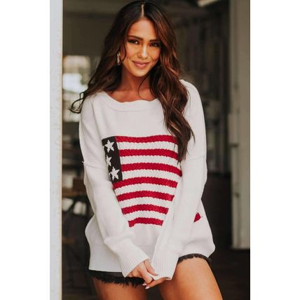 White American Flag Cable Knit Drop Shoulder Sweater