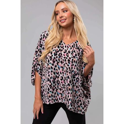 Pink Multicolor Leopard Print V Neck Oversized Blouse