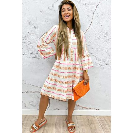 Orange Bohemian Printed Bracelet Sleeve Slit Neck Ruffled Loose Dress