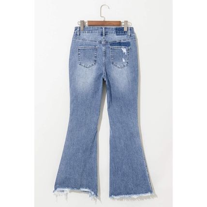 Dusk Blue High Rise Ripped Distressed Hem Flared Jeans
