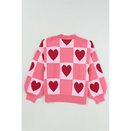 Pink Plus Size Love Heart Block Mock Neck Lantern Sleeve Valentine Sweater