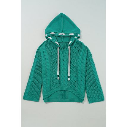 Sea Green Cable Knit V Neck Contrast Drawstring Hooded Sweater