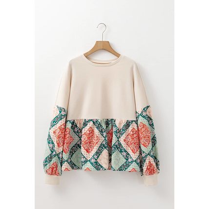 Jet Stream Paisley Geometric Patchwork Crew Neck Loose Fit Top