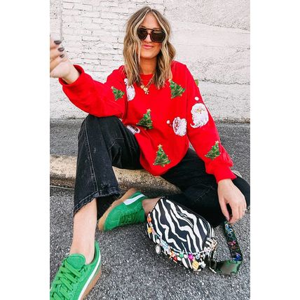 Red Santa Claus Christmas Tree Patched Pattern Drop Shoulder Sweatshirt