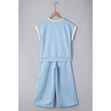 Beau Blue Textured Colorblock Edge Tank Top High Waist Pants Set