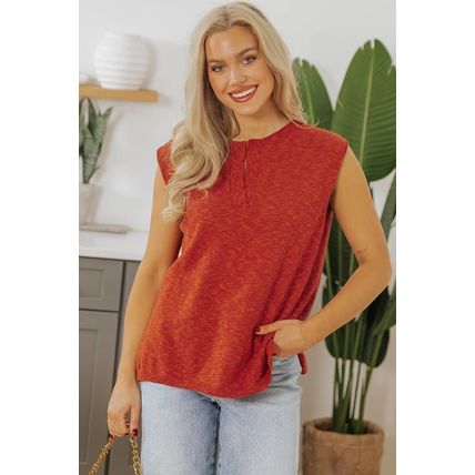 Orange Solid Color Split V Neck Short Sleeve Sweater
