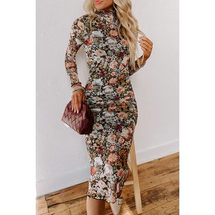 Brown Floral Allover Print Mock Neck Bodycon Long Sleeve Midi Dress