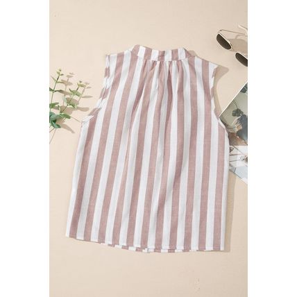 Khaki Stripe Casual Button Down Sleeveless Shirt