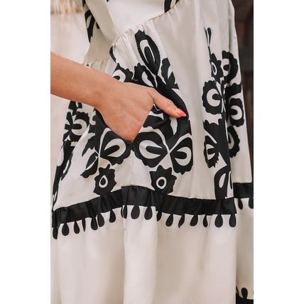 Black Vintage Print V Neck High Waist Short Sleeve Dress