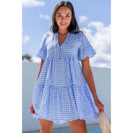 Sky Blue Gingham Short Sleeve Button Tie Split Neck Loose Mini Dress