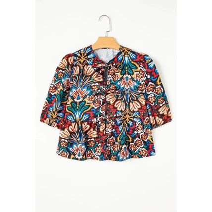 Black Tropical Print Bubble Sleeve Knot Front Blouse