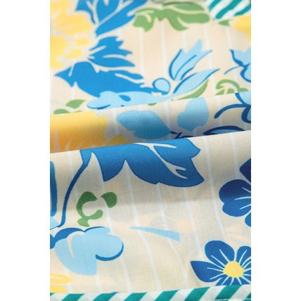 Blue Floral Striped Trim Puff Short Sleeve Dress