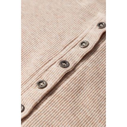Oatmeal Short Sleeve Half Button Ribbed Knit Top