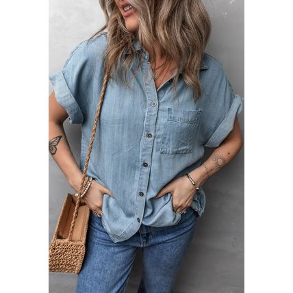 Dusk Blue Folded Short Sleeve Patched Pocket Denim Shirt