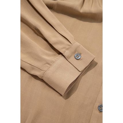 Light French Beige Waffle Patchwork Button Up Frayed Hem Shirt