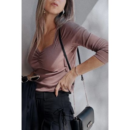 Old Rose Gathered Bust Square Neck Ribbed Fit Long Sleeve Top