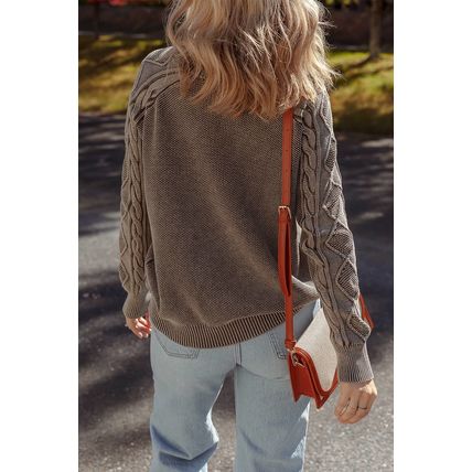 Dark Brown Contrast Cable Knit Sleeve Casual Sweater