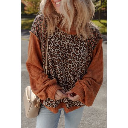 Brown Leopard Floral Print Ribbed Puff Sleeve Patchwork Loose Pullover