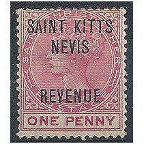 St Kitts-Nevis 1885 R3 1d Rose REVENUE Mounted.Mint.
