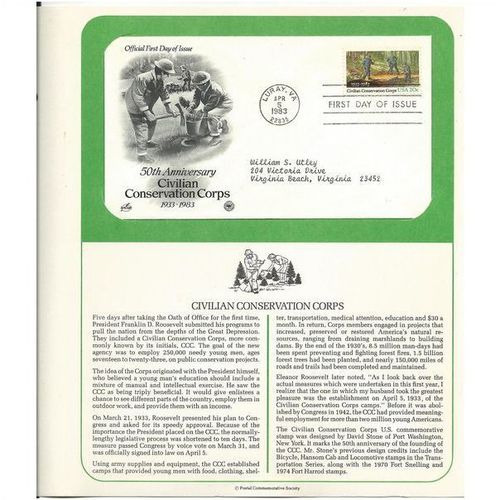 CIVILIAN CONSERVATION CORPS ' OFFICIAL FIRST DAY of ISSUE ' (1983 )
