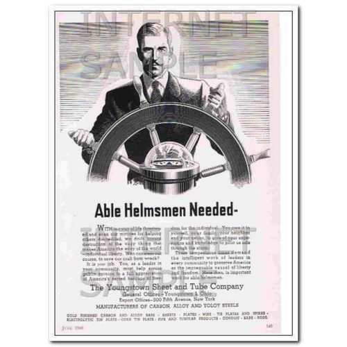 YOUNGSTOWN SHEET TUBE COMPANY 1948 Able Helmsmen Needed vintage ad