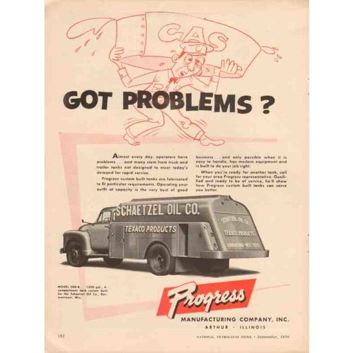PROGRESS MFG COMPANY 1956 Schaetzel Oil Co tank truck vintage ad