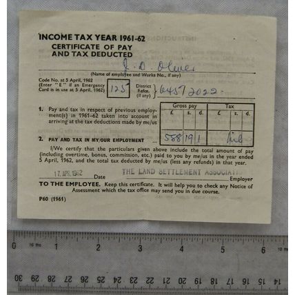 1962 Certificate of Pay & Tax Deducted, J. D. Oliver, The Land Settlement Assoc.