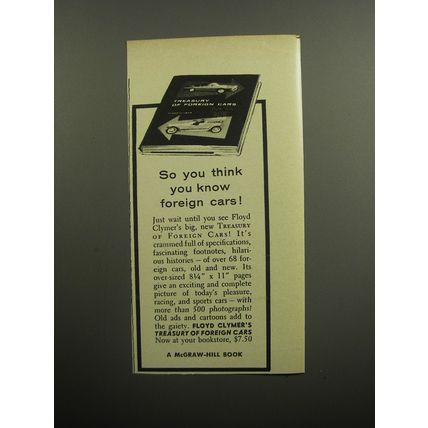 1957 McGraw-Hill Book Ad - Treasury of Foreign Cars by Floyd Clymer