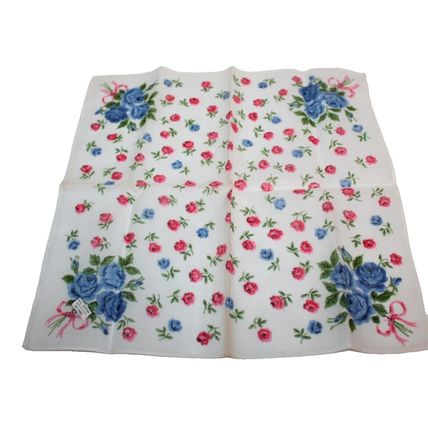 MCM Gift VTG Linen Handkerchief Roses Floral Pattern Rare Blue Rose Pink Ribbon