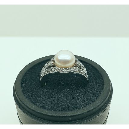 Vintage Art Deco Style 925 Sterling Silver and Cultured Pearl and Crystal Ring