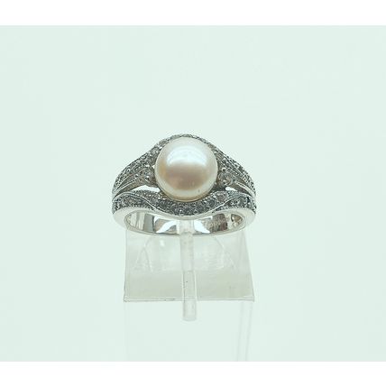 Vintage Art Deco Style 925 Sterling Silver and Cultured Pearl and Crystal Ring