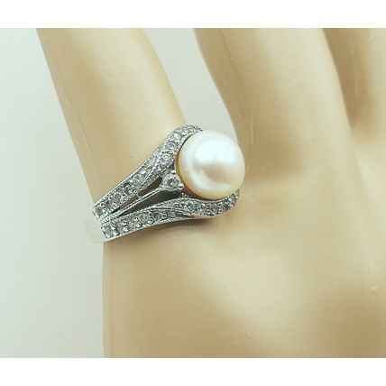 Vintage Art Deco Style 925 Sterling Silver and Cultured Pearl and Crystal Ring