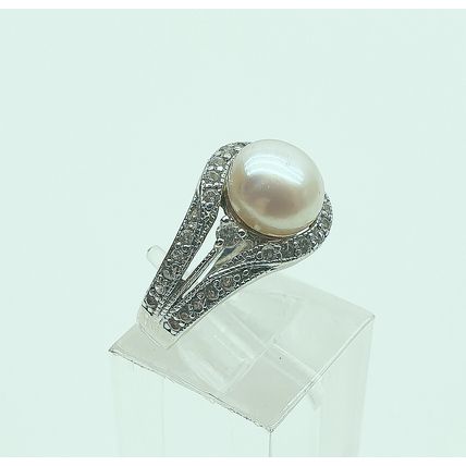 Vintage Art Deco Style 925 Sterling Silver and Cultured Pearl and Crystal Ring