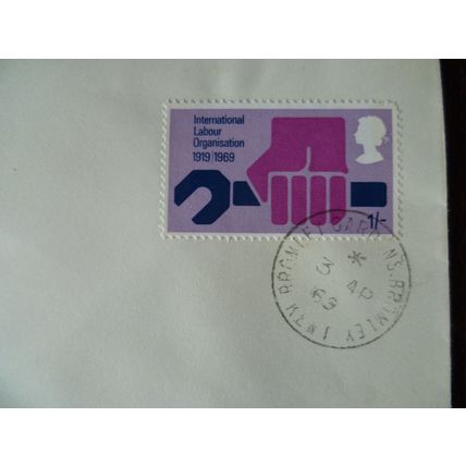 1969 GB ILO Emblem 1s stamp Bromley Gardens Bromley Kent handstamp cancel SG793