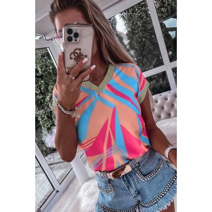 Orange Geometric Print Contrast Trim V Neck Blouse
