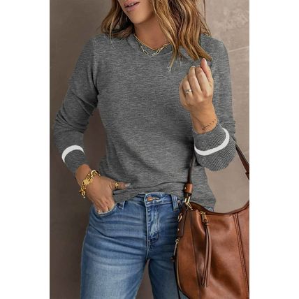 Medium Grey Ribbed Trim Crew Neck Long Sleeve Sweater