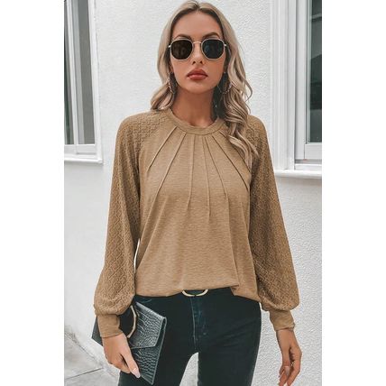 Light French Beige Contrast Lace Raglan Sleeve Plicate Round Neck Top