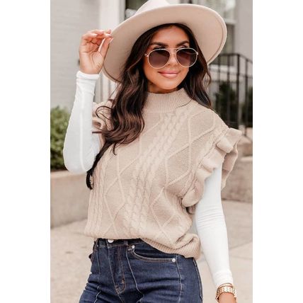 Parchment Cable Knit Mock Neck Cap Sleeve Sweater