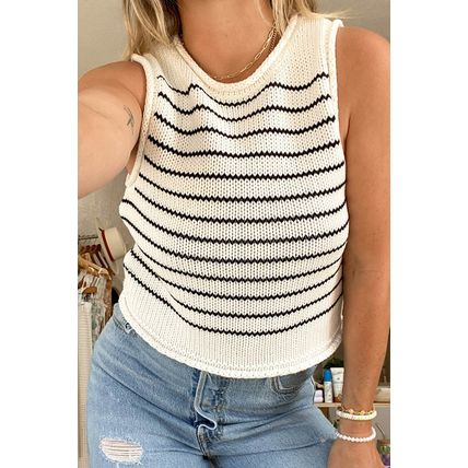Black Stripe Raw Edge Crew Neck Knitted Vest