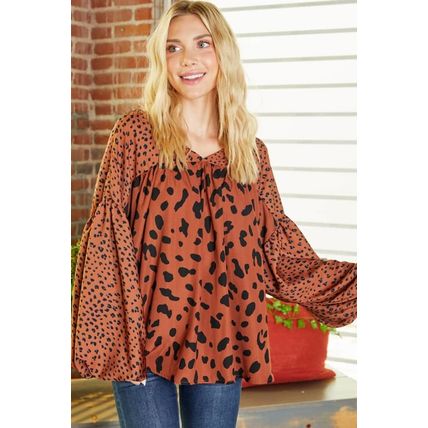 Brown Contrast Leopard Print Bubble Sleeve Blouse