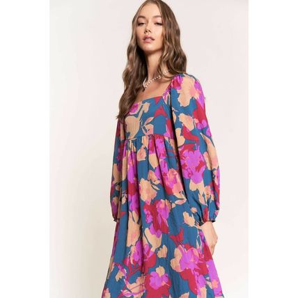 Multicolour Floral Print Square Neck Ruffled High Waist Dress