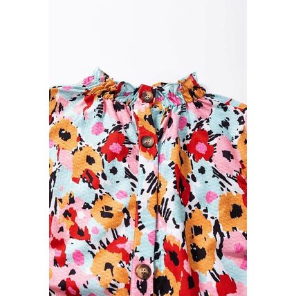 White Frilled High Neck Buttons Back Floral Blouse