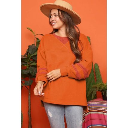 Carrot Fleece Patchwork Side Slits High Low Sweatshirt